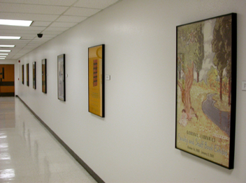 The PCL Level 1 gallery space features flat digital collage prints as well as three-dimensional assemblages. The PCL Level 1 gallery space features flat digital collage prints as well as three-dimensional assemblages.